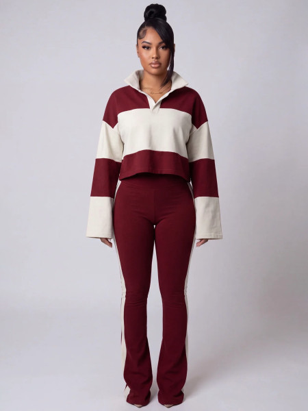 Color blocking patchwork Polo lapel long sleeved striped micro flared pants two-piece set HR26055