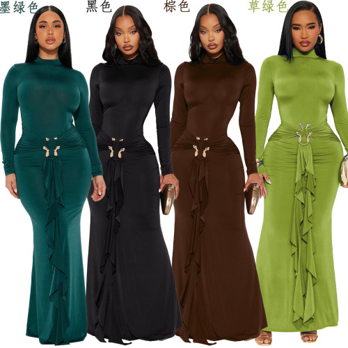 High neck long sleeved dress with metal ribbon at waist and pleated long skirt ZY6306