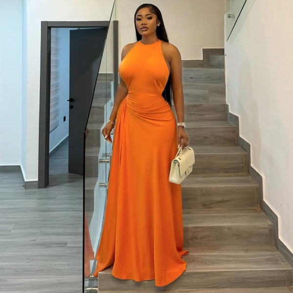 Waist cinched pleated hip hugging skirt round neck sleeveless long dress JD303195