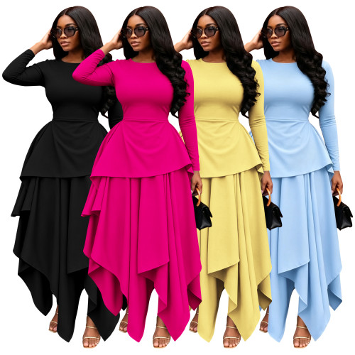 Round neck, waist cinched, lotus leaf hem, long sleeves, irregular large hem skirt A1070422652003