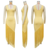Strap backless fringe patchwork U-neck dress A1058171013309