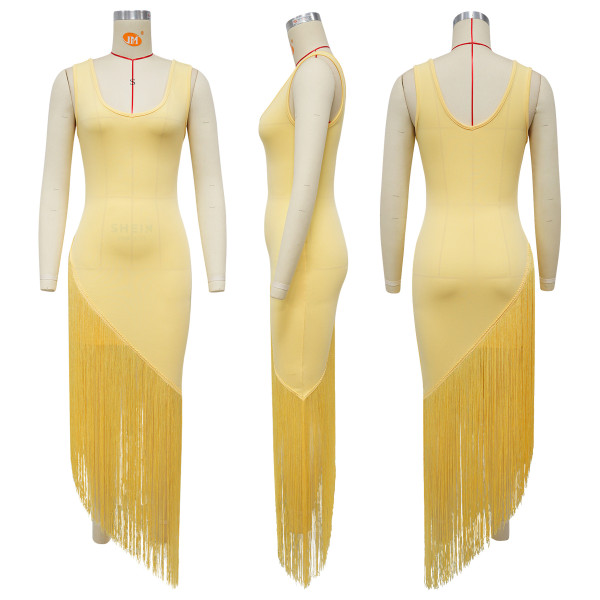 Strap backless fringe patchwork U-neck dress A1058171013309