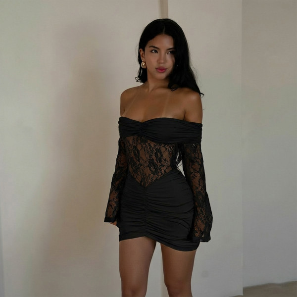 One shoulder lace long sleeved dress ZY6298-1