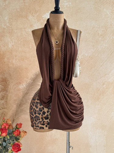 Leopard print sequin spliced hanging neck backless knitted hip hugging dress ZY6552