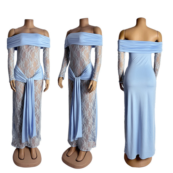 Perspective lace one shoulder dress, long skirt ZY6297