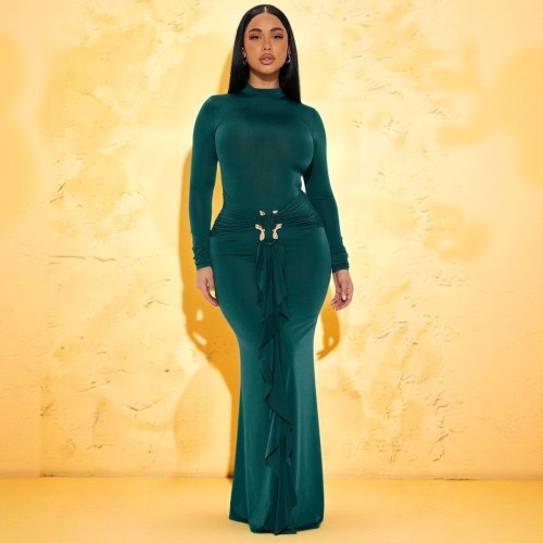 High neck long sleeved dress with metal ribbon at waist and pleated long skirt ZY6306