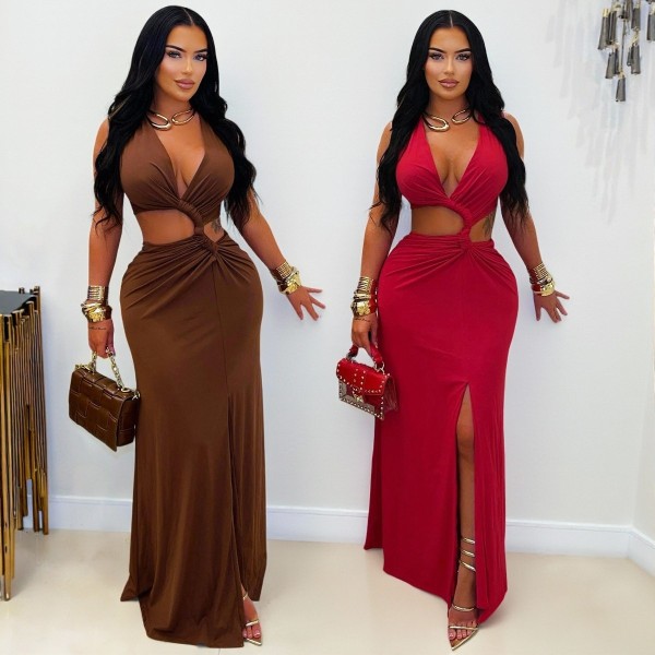 Deep V slit hollow waist exposed twisted dress ZY6351