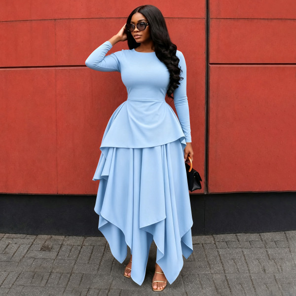 Round neck, waist cinched, lotus leaf hem, long sleeves, irregular large hem skirt A1070422652003