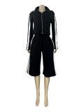 Stand up zipper jacket with contrasting stripes on the sides, two piece set of seven inch wide leg pants HR26058