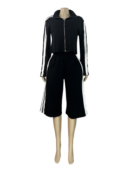 Stand up zipper jacket with contrasting stripes on the sides, two piece set of seven inch wide leg pants HR26058