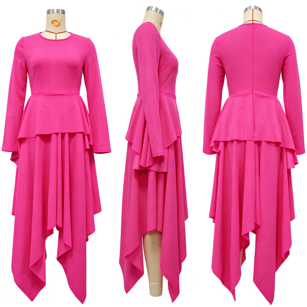 Round neck, waist cinched, lotus leaf hem, long sleeves, irregular large hem skirt A1070422652003