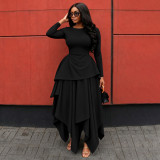 Round neck, waist cinched, lotus leaf hem, long sleeves, irregular large hem skirt A1070422652003