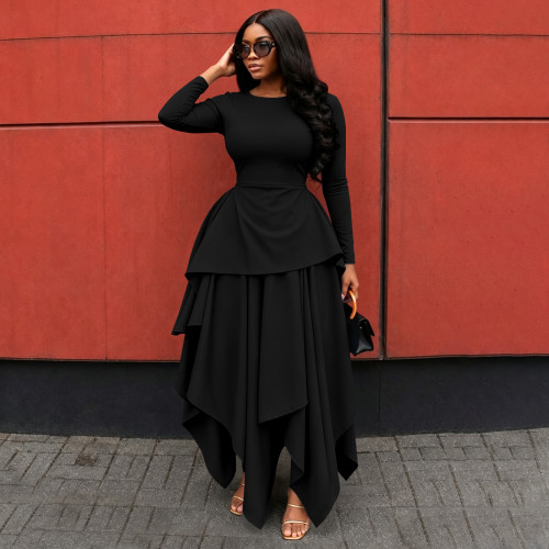 Round neck, waist cinched, lotus leaf hem, long sleeves, irregular large hem skirt A1070422652003