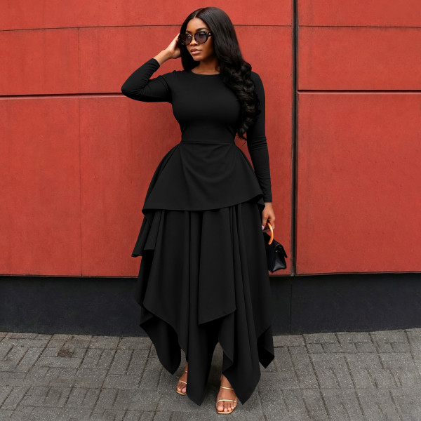 Round neck, waist cinched, lotus leaf hem, long sleeves, irregular large hem skirt A1070422652003
