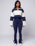 Color blocking patchwork Polo lapel long sleeved striped micro flared pants two-piece set HR26055