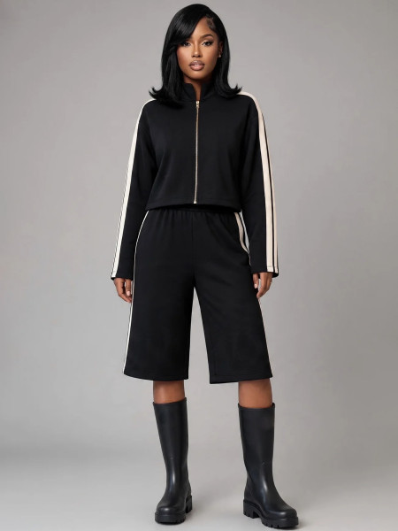 Stand up zipper jacket with contrasting stripes on the sides, two piece set of seven inch wide leg pants HR26058
