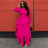 Round neck, waist cinched, lotus leaf hem, long sleeves, irregular large hem skirt A1070422652003