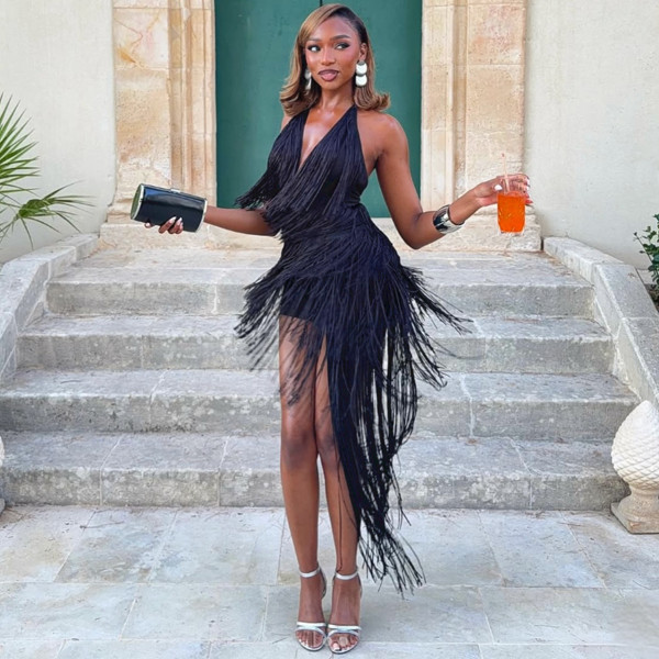 Tassel hanging neck backless dress A1077185786987