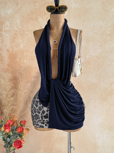 Leopard print sequin spliced hanging neck backless knitted hip hugging dress ZY6552