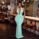 Hanging neck V-neck backless lace up pleated long skirt A1057345796918