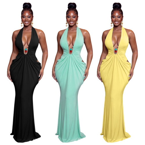 Hanging neck V-neck backless lace up pleated long skirt A1057345796918