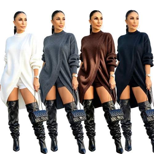 Knitted pile sleeve round neck cross shorts set CM61028