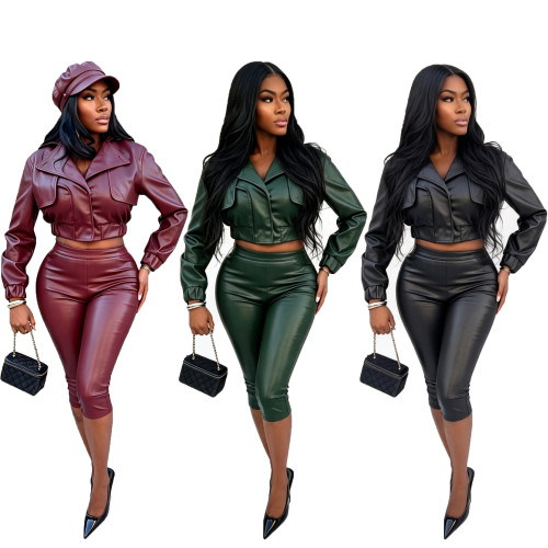 Collar PU leather motorcycle jacket seven quarter pants set CM61026