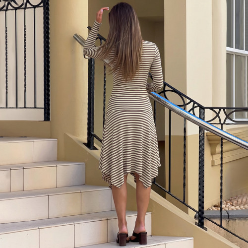 Striped round neck long sleeved top with irregular hem skirt set S6822299A