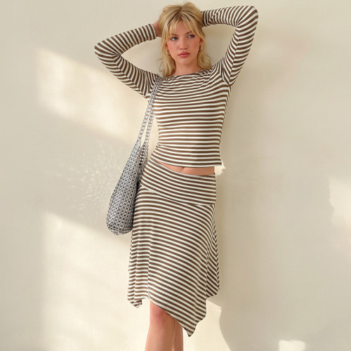 Striped round neck long sleeved top with irregular hem skirt set S6822299A