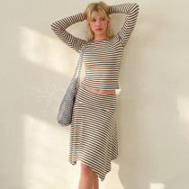 Striped round neck long sleeved top with irregular hem skirt set S6822299A Striped round neck long sleeved top with irregular hem skirt set S6822299A