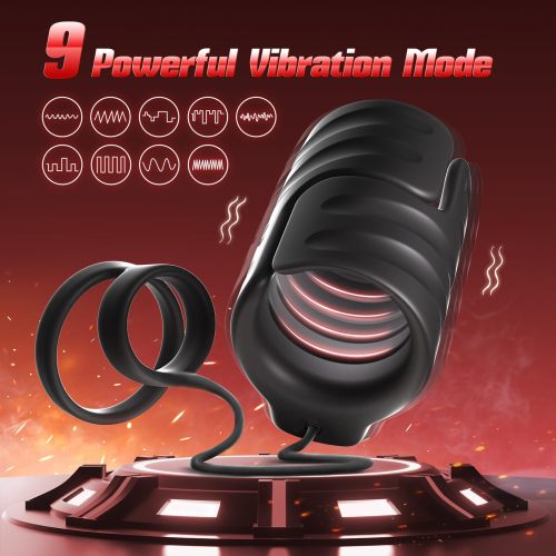 9 Vibrating Stretchy Male Masturbator with 2 Cock Penis Ring