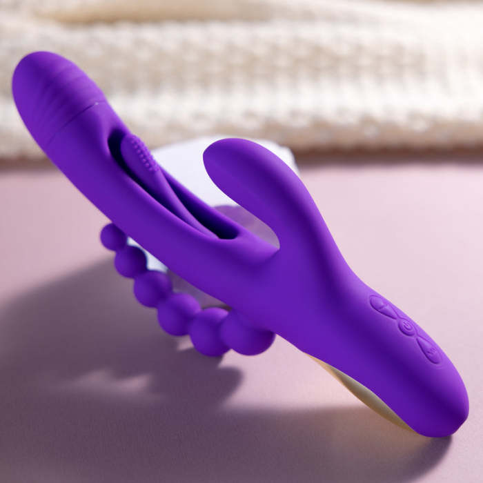 BuyGing Rabbit Tapping G-spot Vibrator with Anal Beads for Triple Stimulations