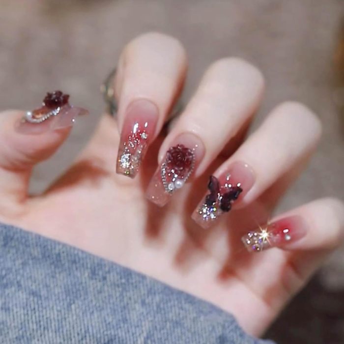 Bling Coffin Press on Nails Fake Nails Tips Full Cover Medium False Gradient Nails 24PCS