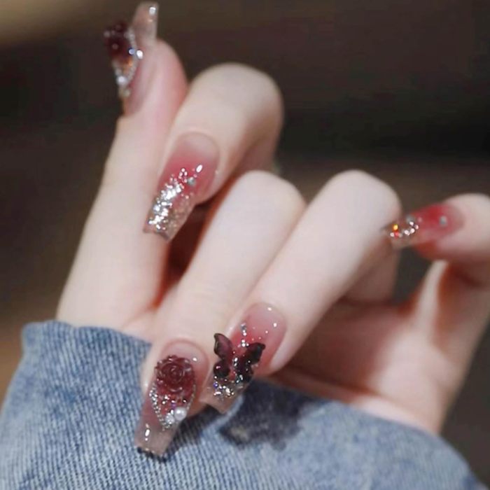 Bling Coffin Press on Nails Fake Nails Tips Full Cover Medium False Gradient Nails 24PCS