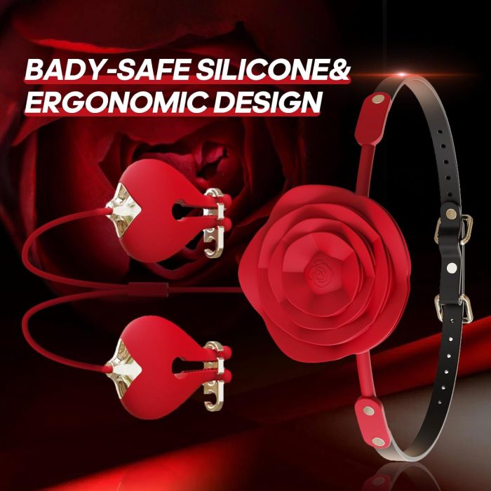 Edenlegend™ Rose Bond – 10-Mode Vibrating Rose Gag with Electric Nipple Clamps, IPX6 Waterproof, Red Silicone