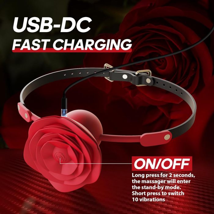 Edenlegend™ Rose Bond – 10-Mode Vibrating Rose Gag with Electric Nipple Clamps, IPX6 Waterproof, Red Silicone