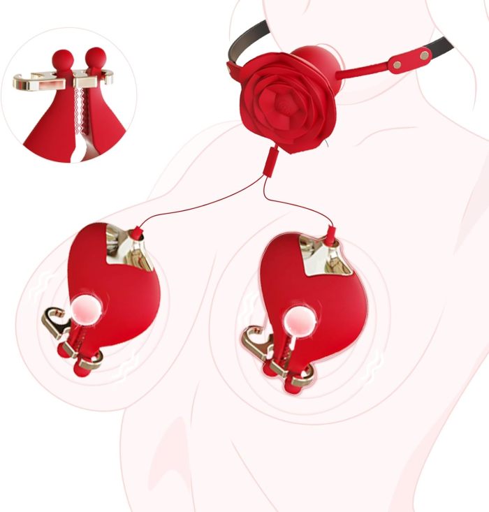 Edenlegend™ Rose Bond – 10-Mode Vibrating Rose Gag with Electric Nipple Clamps, IPX6 Waterproof, Red Silicone