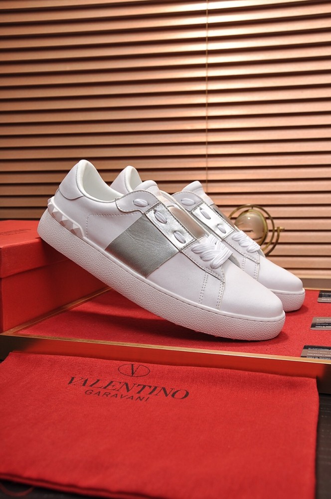 Valentino Open leather metallic stripe sneakers low-top sneakers white and silver