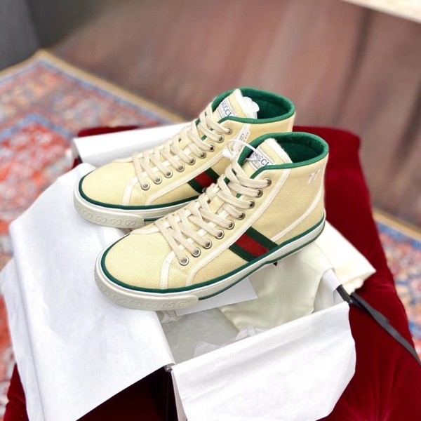 GUCCI Tennis 1977 Supreme High top Stylish Skateboarding Shoes Women's Yellow Distressed Style