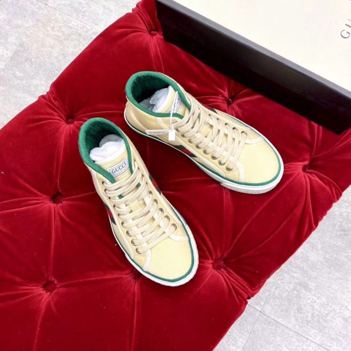GUCCI Tennis 1977 Supreme High top Stylish Skateboarding Shoes Women's Yellow Distressed Style
