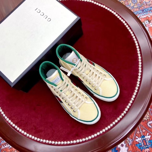 GUCCI Tennis 1977 Supreme High top Stylish Skateboarding Shoes Women's Yellow Distressed Style