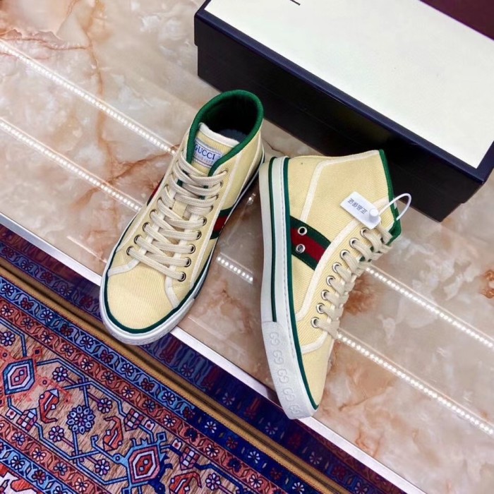 GUCCI Tennis 1977 Supreme High top Stylish Skateboarding Shoes Women's Yellow Distressed Style