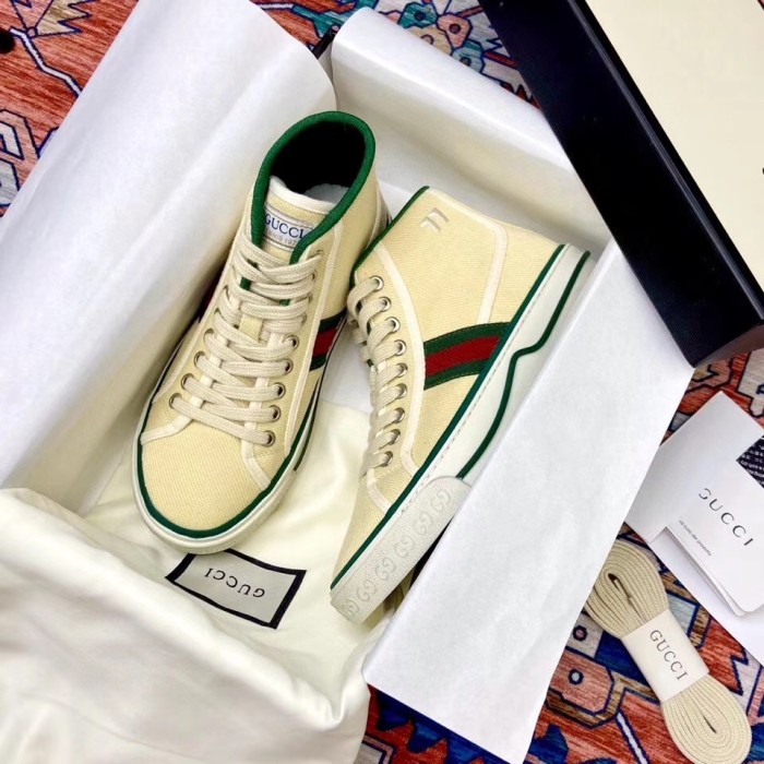 GUCCI Tennis 1977 Supreme High top Stylish Skateboarding Shoes Women's Yellow Distressed Style