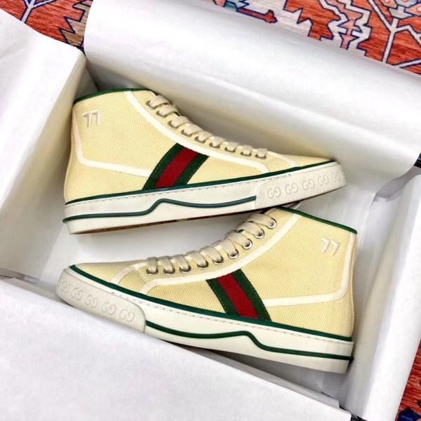GUCCI Tennis 1977 Supreme High top Stylish Skateboarding Shoes Women's Yellow Distressed Style