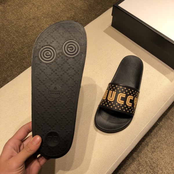 GUCCI Leather Trimmed Canvas Slides SEGA Black