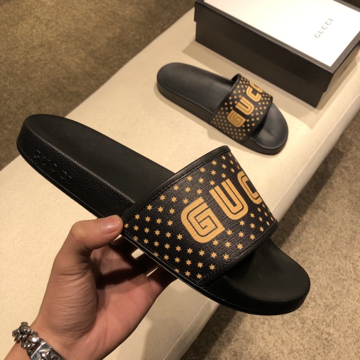 GUCCI Leather Trimmed Canvas Slides SEGA Black