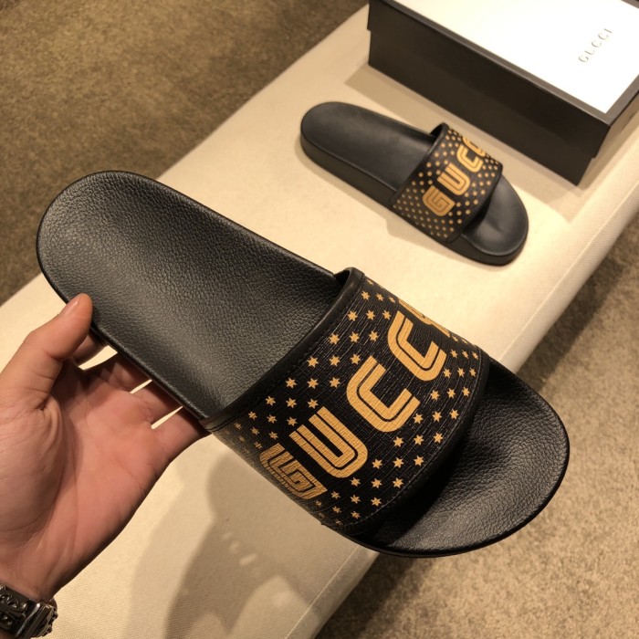 GUCCI Leather Trimmed Canvas Slides SEGA Black