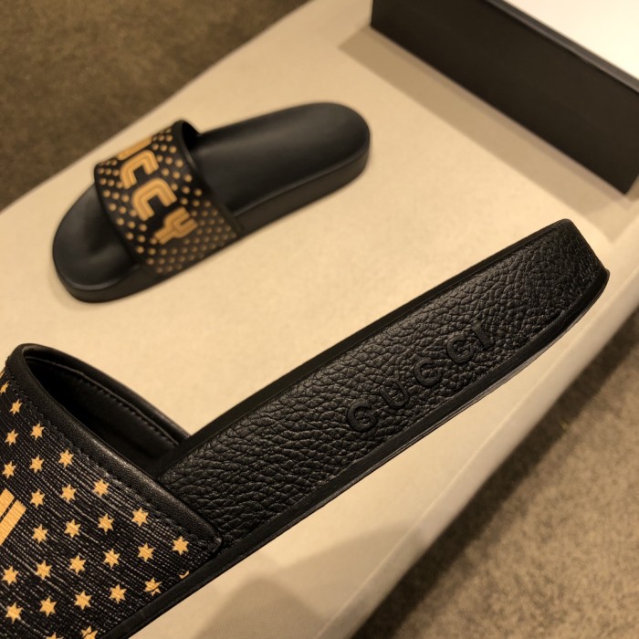 GUCCI Leather Trimmed Canvas Slides SEGA Black