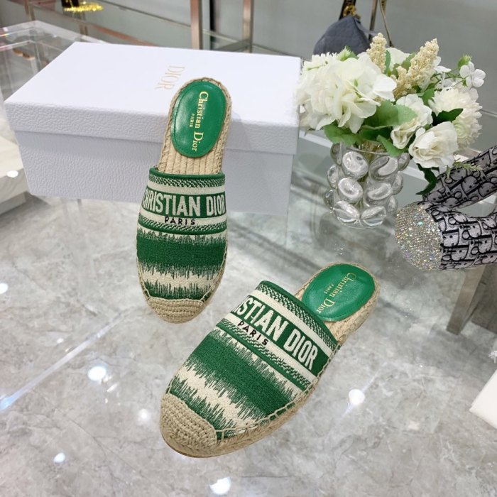 DIOR Granville Rubber Sole Closed Toe Slippers Women's Green Beige White