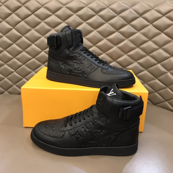 LOUIS VUITTON Rivoli Grain Embossed High-Top Fashion Sneakers for Men, Black